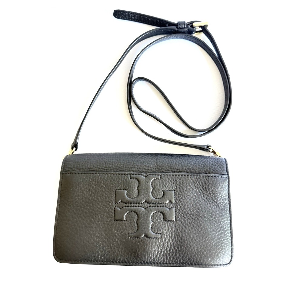 Tory Burch Bombe T Small Black Pebbled Leather Cross Body Bag